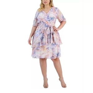 Tahari ASL Satin Shadow Striped Faux Wrap Chiffon Dress